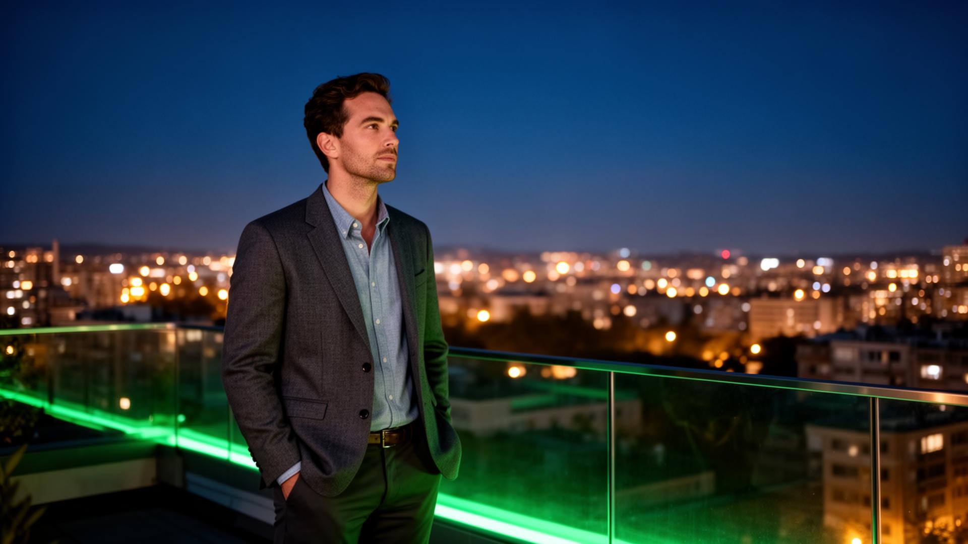 A trader standing confidently at night overlooking a city skyline